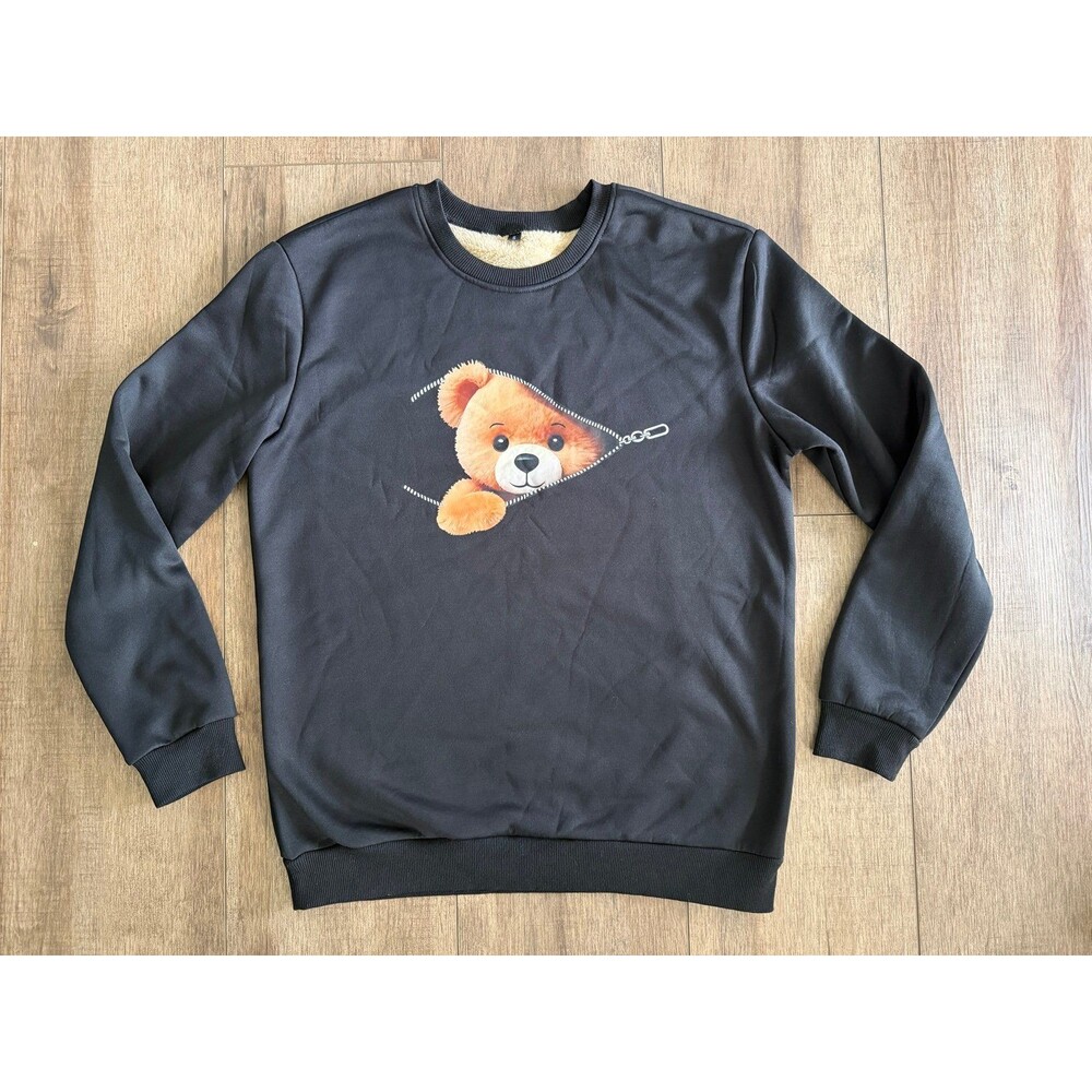 Cozy Black Zipper Teddy Bear Fur Lined Sweatshirt Pullover Size Small EUC